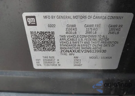 2022 Chevrolet Equinox Awd Lt z USA, uszkodzony, nr VIN 2GNAXUEV1N6139930